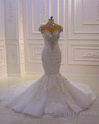 Gorgeous Long Mermaid High Neck Appliques Lace Crystal Tulle Wedding Dresses