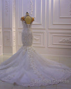 Gorgeous Long Mermaid High Neck Appliques Lace Crystal Tulle Wedding Dresses
