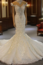 Gorgeous Long Mermaid High Neck Appliques Lace Crystal Tulle Wedding Dress