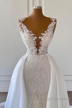 Gorgeous Long Mermaid V Neck Lace Wedding Dress with Satin Detachable Train