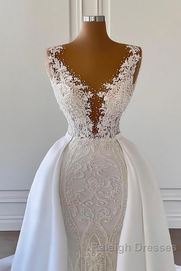 Gorgeous Long Mermaid V Neck Lace Wedding Dress with Satin Detachable Train