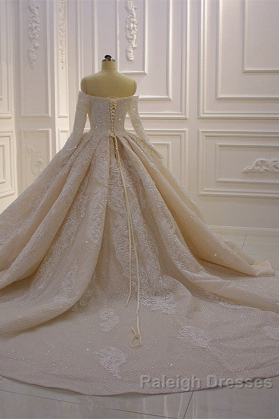 Gorgeous Long Sleeve Off the Shoulder Appliques Lace Ball Gown Wedding Dresses