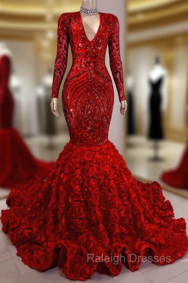 Gorgeous Long Sleeves Sequins Prom Dresses Mermaid V Neck With Flowers Bottom Main image