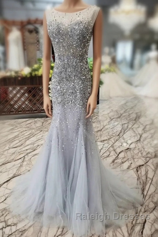 Gorgeous Mermaid Backless Silver Grey Sequins Prom Dress, Mermaid Silver Grey Formal Dress, Shiny Silver Grey Evening Dress