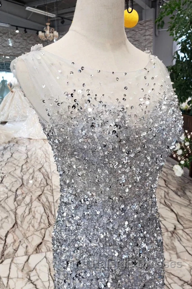 Gorgeous Mermaid Backless Silver Grey Sequins Prom Dresses Mermaid Silver Grey Prom Dresses Shiny Silver Grey Prom Dresses