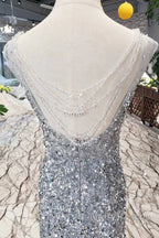 Gorgeous Mermaid Backless Silver Grey Sequins Prom Dresses Mermaid Silver Grey Prom Dresses Shiny Silver Grey Prom Dresses