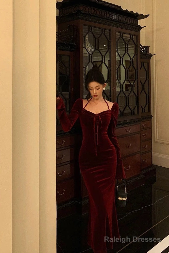 Gorgeous Mermaid Halter Burgundy Date Night Dress Prom Dresses Birthday Outfits Main image