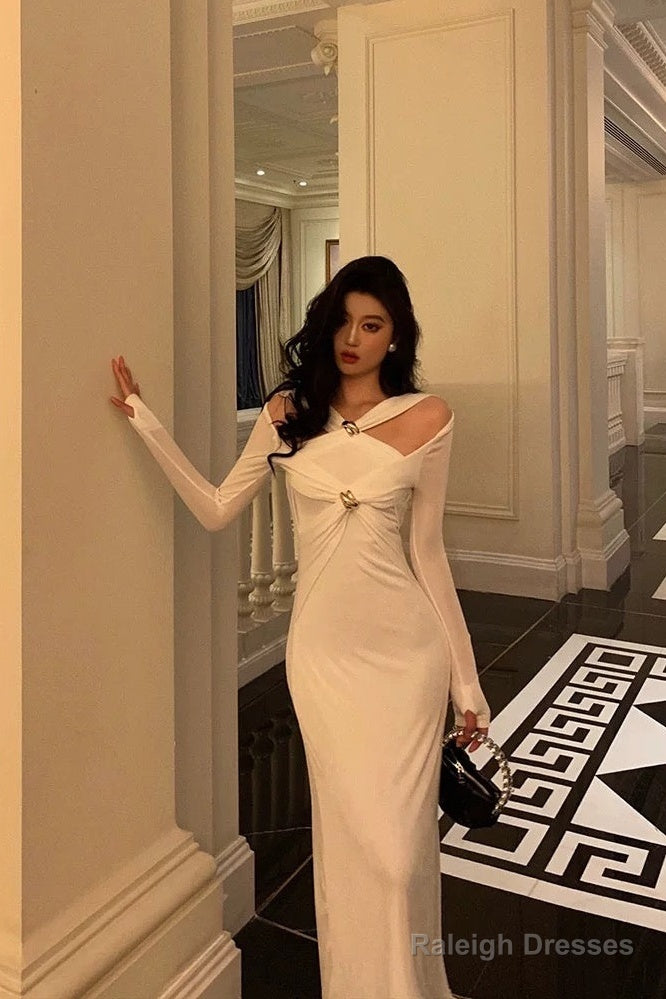 Gorgeous Mermaid Halter Long Sleeves Date Night Dresses White Prom Dress Birthday Outfits