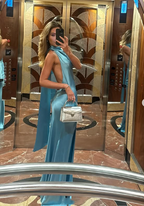 Gorgeous Mermaid Halter Satin Long Prom Dress Blue Backless Prom Dresses