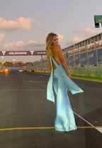 Gorgeous Mermaid Halter Satin Long Prom Dress Blue Backless Prom Dresses