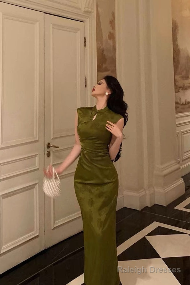 Gorgeous Mermaid High Neckline Green Satin Floral Date Night Dress Long Prom Dresses Birthday Outfits Secondary image