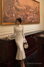 Gorgeous Mermaid High Neckline Ivory Satin Date Night Dress Prom Dresses Birthday Outfits