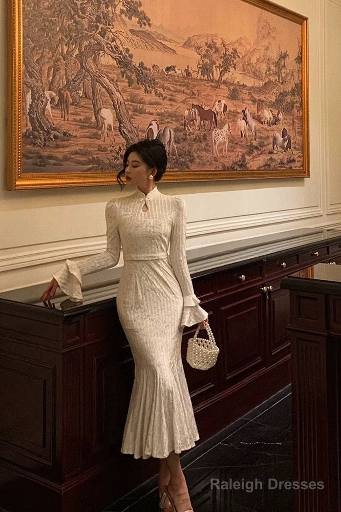 Gorgeous Mermaid High Neckline Ivory Satin Date Night Dress Prom Dresses Birthday Outfits