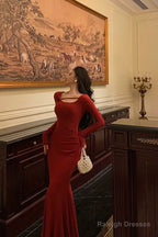 Gorgeous Mermaid Jewel Neckline Long Sleeves Date Night Dress Red Prom Dresses Birthday Outfits