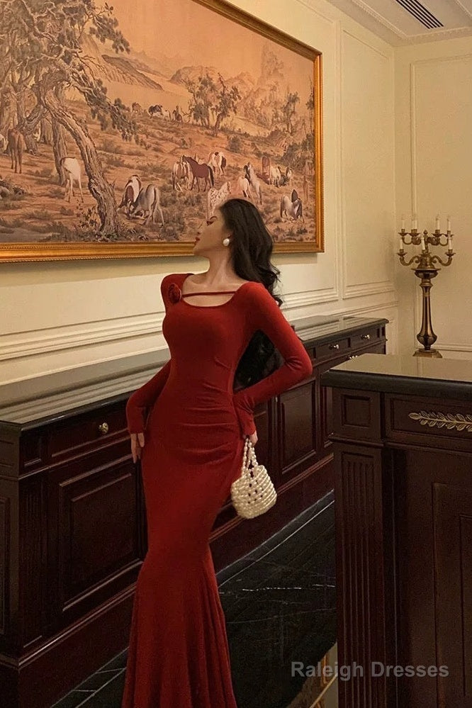 Gorgeous Mermaid Jewel Neckline Long Sleeves Date Night Dress Red Prom Dresses Birthday Outfits