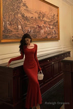 Gorgeous Mermaid Jewel Neckline Long Sleeves Date Night Dress Red Prom Dresses Birthday Outfits