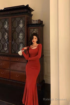 Gorgeous Mermaid Jewel Neckline Long Sleeves Date Night Dresses Red Prom Dress Birthday Outfits