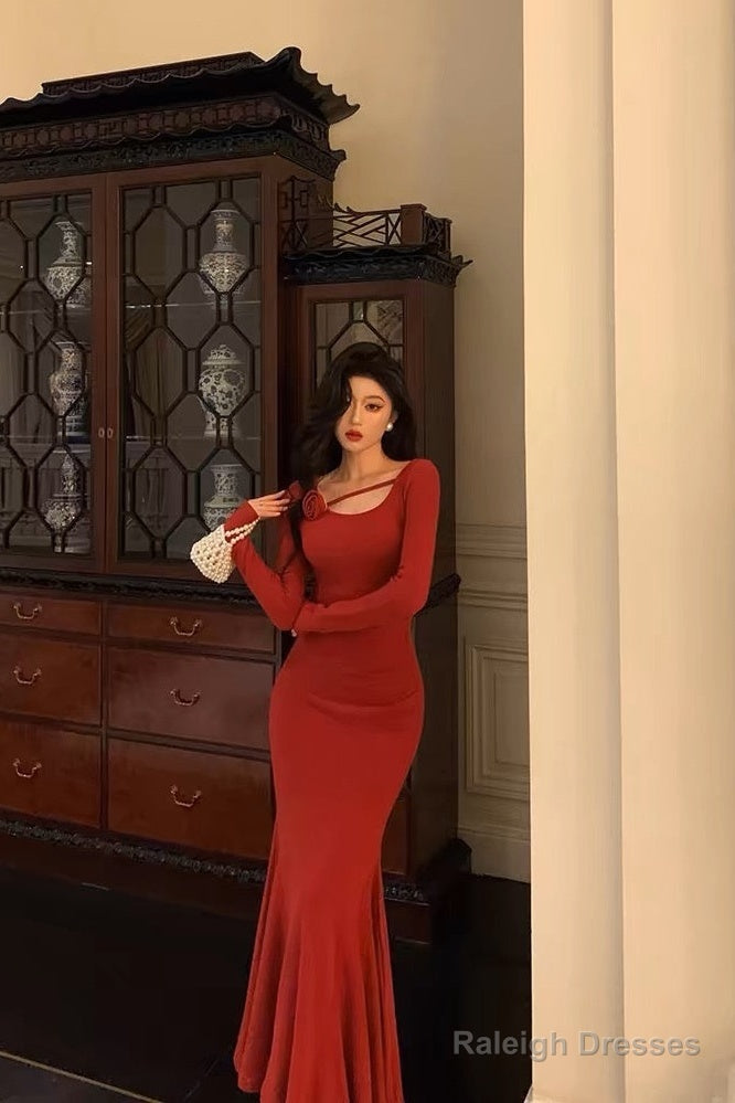 Gorgeous Mermaid Jewel Neckline Long Sleeves Date Night Dresses Red Prom Dress Birthday Outfits