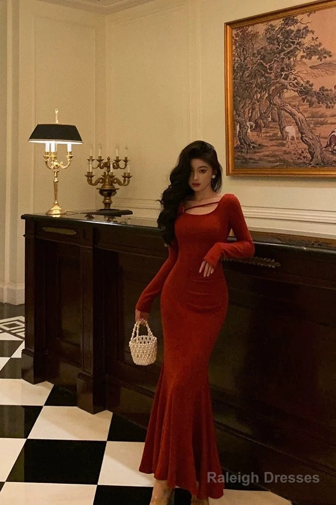 Gorgeous Mermaid Jewel Neckline Long Sleeves Date Night Dress Red Prom Dresses Birthday Outfits