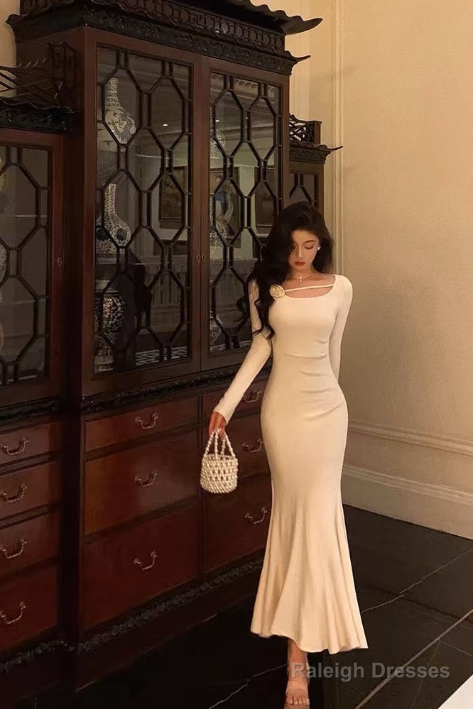 Gorgeous Mermaid Jewel Neckline Long Sleeves Date Night Dresses White Prom Dress Birthday Outfits