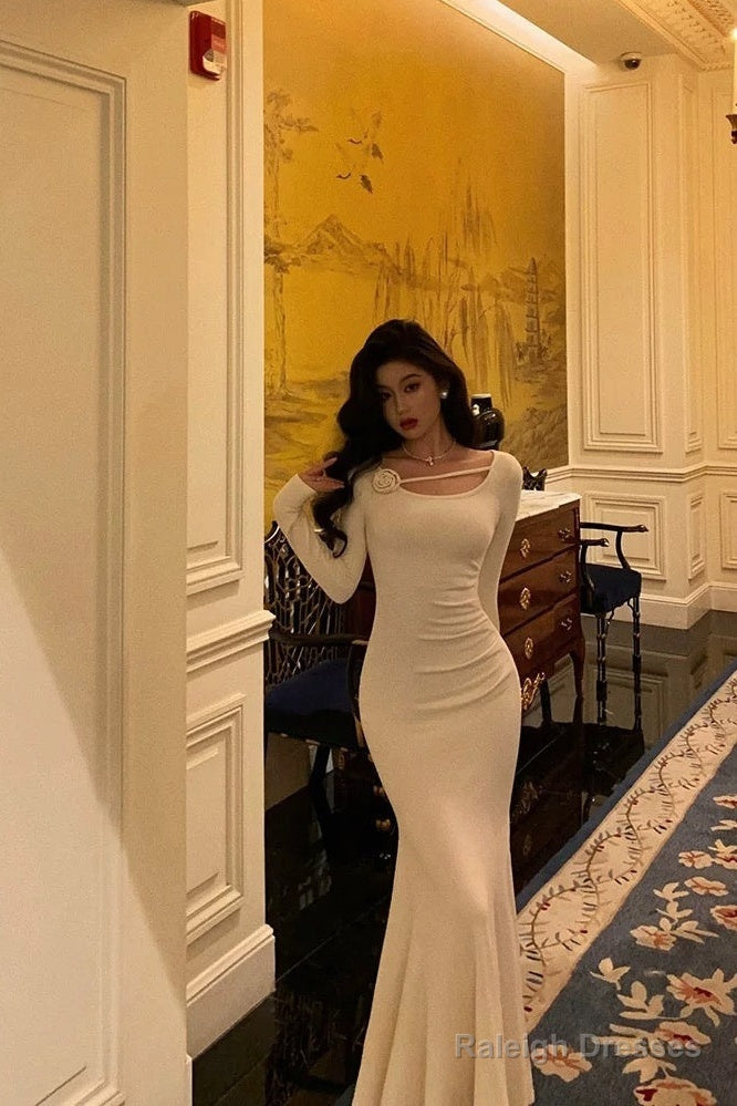 Gorgeous Mermaid Jewel Neckline Long Sleeves Date Night Dresses White Prom Dress Birthday Outfits
