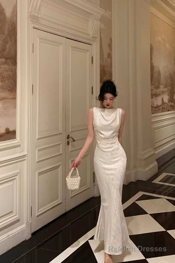 Gorgeous Mermaid Jewel Neckline White Satin Floral Date Night Dress Long Prom Dresses Birthday Outfits Main image