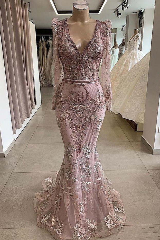 Gorgeous Mermaid Lace Beading V-Neck Long Sleevess Prom Dresses Evening Gowns With Beading Waistband Main image