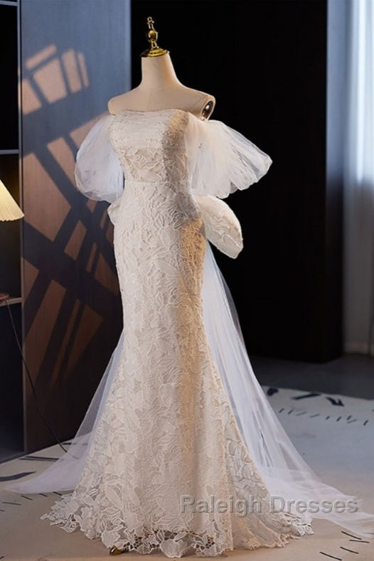 Gorgeous Mermaid Lace Wedding Dresses Prom Dresses Off Shoulder With Big Bow