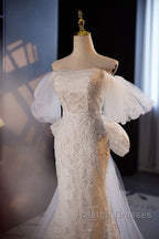 Gorgeous Mermaid Lace Wedding Dresses Prom Dresses Off Shoulder With Big Bow