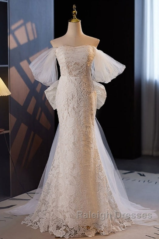 Gorgeous Mermaid Lace Wedding Dresses Prom Dresses Off Shoulder With Big Bow