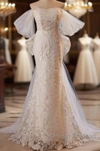 Gorgeous Mermaid Lace Wedding Dresses Prom Dresses Off Shoulder With Big Bow