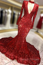 Gorgeous Mermaid Long Sleevess Deep V Neck Lace Applique Prom Dresses