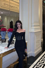 Gorgeous Mermaid Off The Shoulder Long Sleeves Date Night Dresses Black Prom Dress Birthday Outfits
