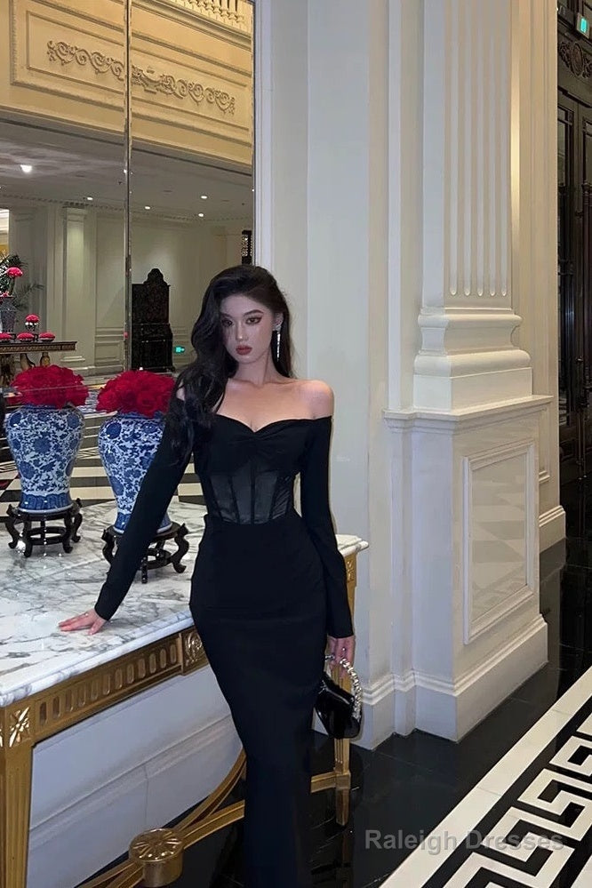 Gorgeous Mermaid Off The Shoulder Long Sleeves Date Night Dresses Black Prom Dress Birthday Outfits