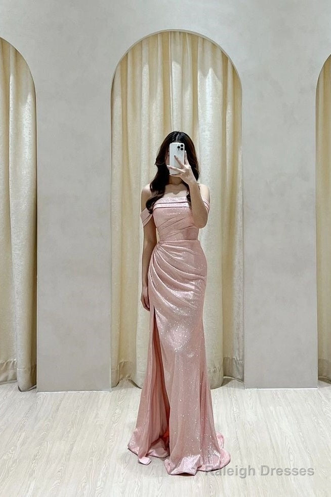 Gorgeous Mermaid Off The Shoulder Sequin Floor Length Pink Slit Prom Dresses Main image