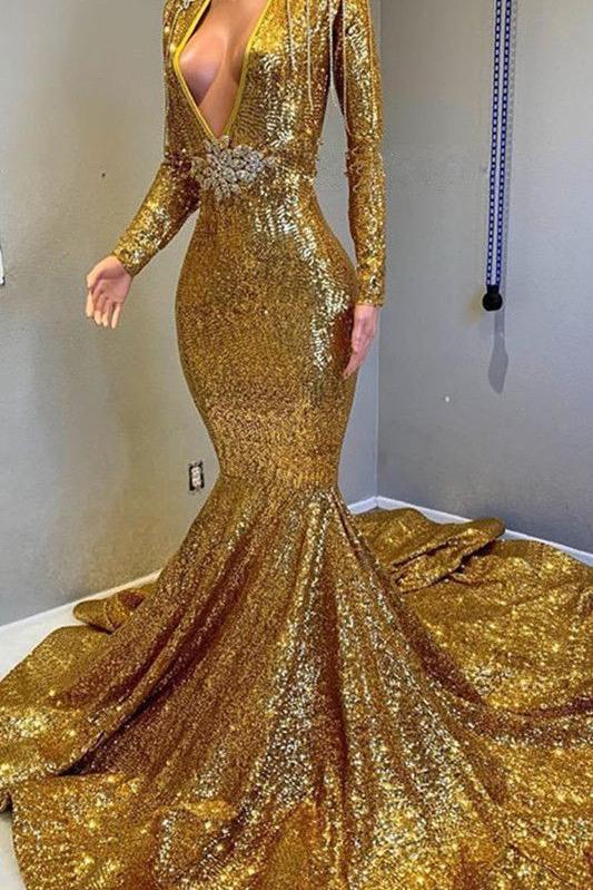 Gorgeous Mermaid Sequins Long Sleevess Floor Length Prom Dresses