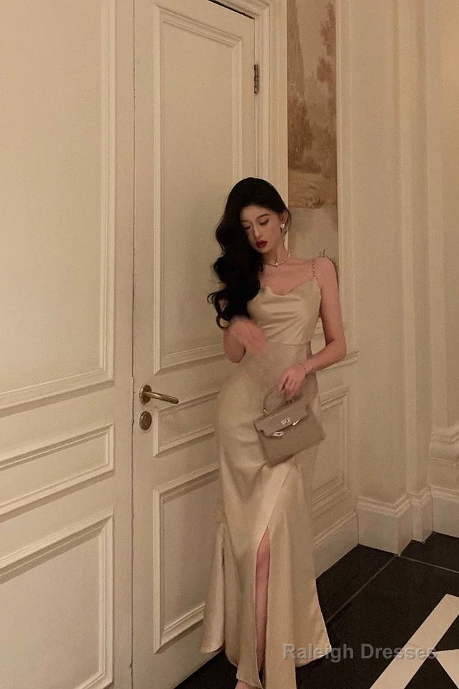 Gorgeous Mermaid Spaghetti Straps Champagne Slit Date Night Dresses Prom Dress Birthday Outfits