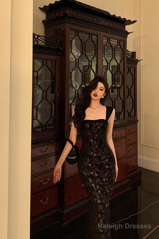 Gorgeous Mermaid Spaghetti Straps Date Night Dresses Black Lace Prom Dress Birthday Outfits