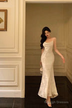 Gorgeous Mermaid Spaghetti Straps Date Night Dresses Floral Ivory Satin Prom Dress Birthday Outfit