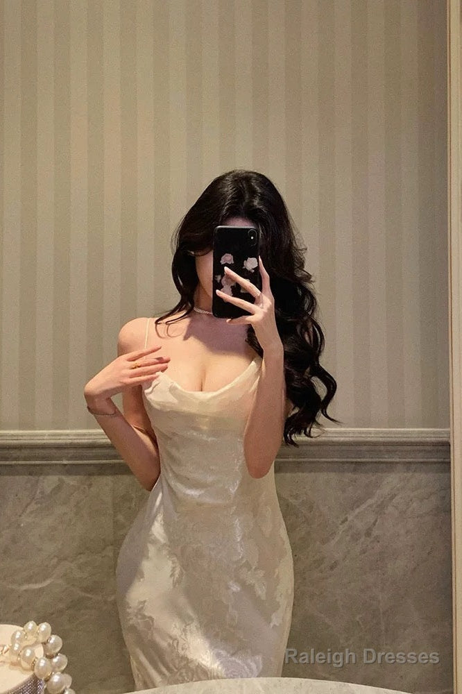 Gorgeous Mermaid Spaghetti Straps Date Night Dresses Floral Ivory Satin Prom Dress Birthday Outfit