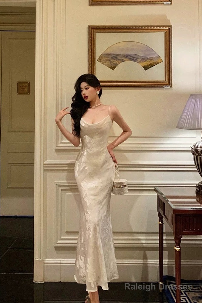 Gorgeous Mermaid Spaghetti Straps Date Night Dresses Floral Ivory Satin Prom Dress Birthday Outfit