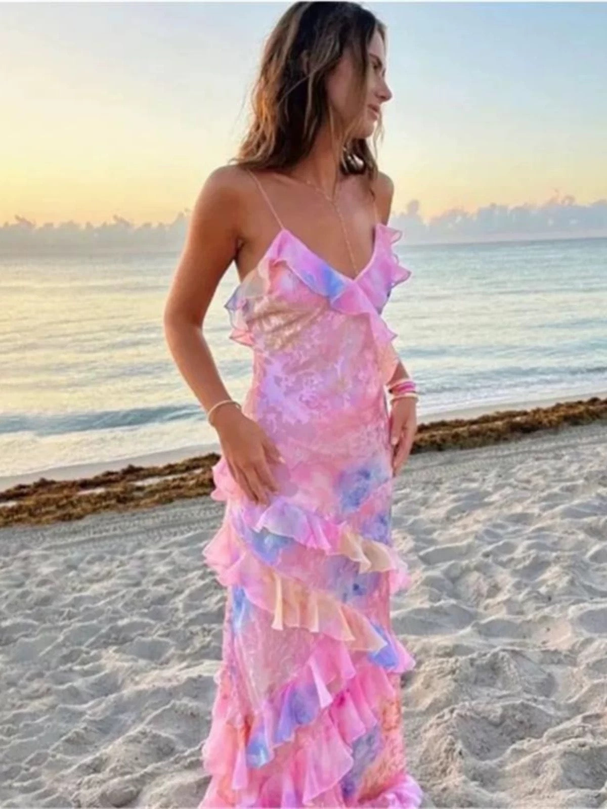 Gorgeous Mermaid Spaghetti Straps Floor Length Floral Yellow Chiffon Prom Dresses Prom Dress