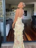 Gorgeous Mermaid Spaghetti Straps Floor Length Floral Yellow Chiffon Prom Dresses Prom Dress