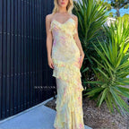 Gorgeous Mermaid Spaghetti Straps Floor Length Floral Yellow Chiffon Prom Dresses Prom Dress