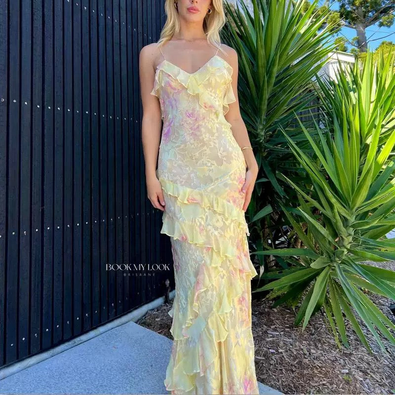 Gorgeous Mermaid Spaghetti Straps Floor Length Floral Yellow Chiffon Prom Dresses Prom Dress