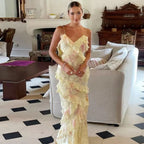 Gorgeous Mermaid Spaghetti Straps Floor Length Floral Yellow Chiffon Prom Dresses Prom Dress