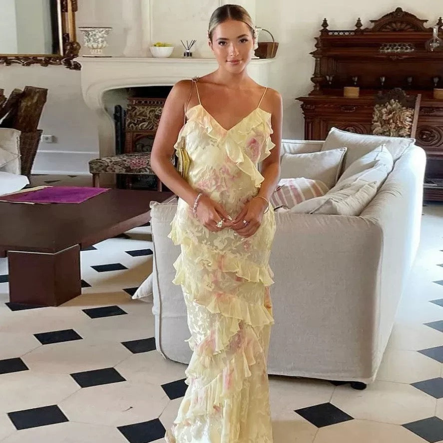 Gorgeous Mermaid Spaghetti Straps Floor Length Floral Yellow Chiffon Prom Dresses Prom Dress