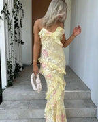 Gorgeous Mermaid Spaghetti Straps Floor Length Floral Yellow Chiffon Prom Dresses Prom Dress