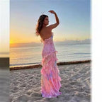 Gorgeous Mermaid Spaghetti Straps Floor Length Floral Yellow Chiffon Prom Dresses Prom Dress