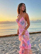 Gorgeous Mermaid Spaghetti Straps Floor Length Floral Yellow Chiffon Prom Dresses Prom Dress
